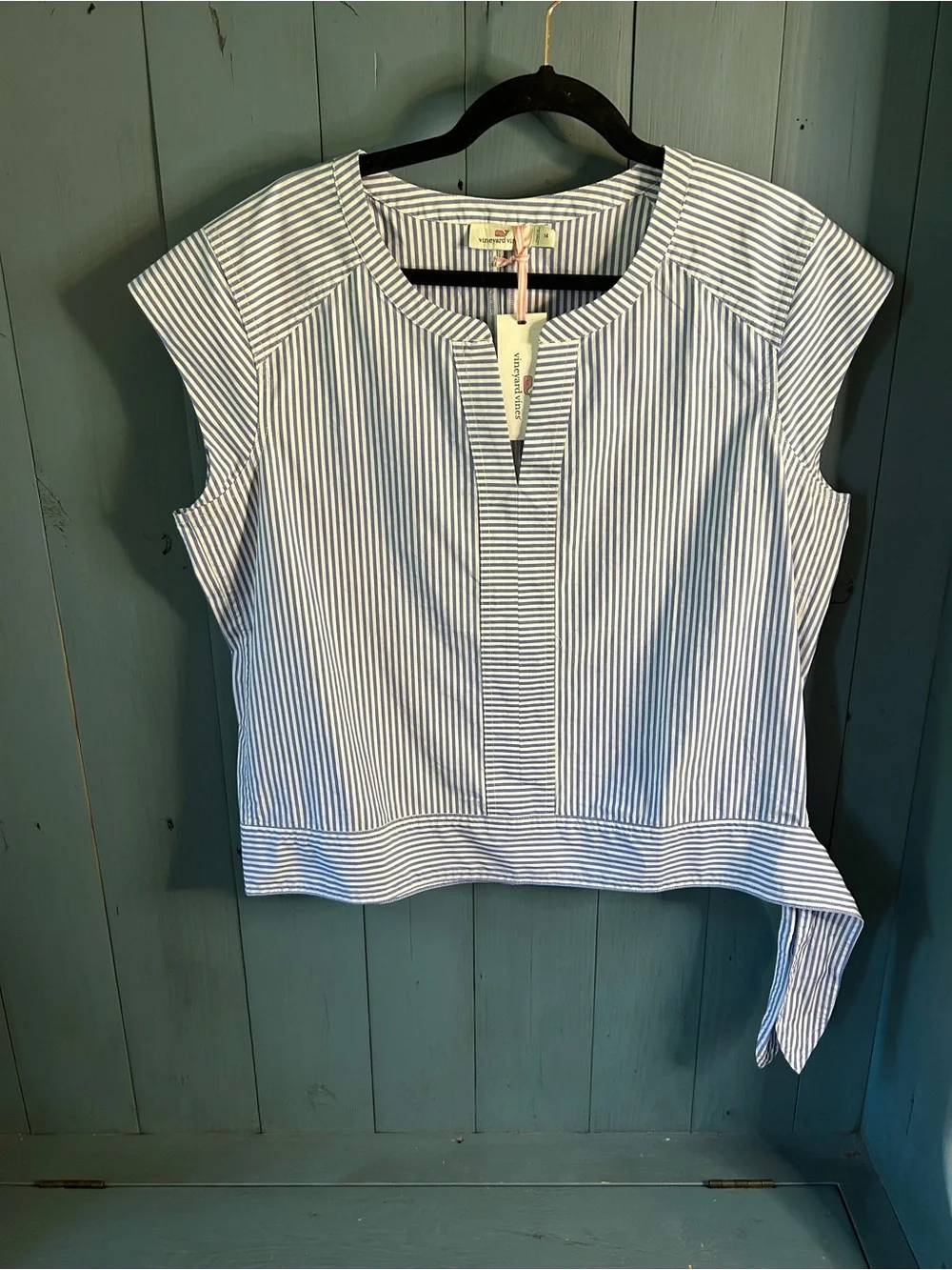 Vineyard Vines MarlinStriped Cap-Sleeve Tie-Hem Top - Blue/White | Size 14 - New